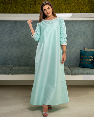 AQUA WRINKLED SLEEVES KAFTAN WITH HAND AND NECK EMBROIDERY