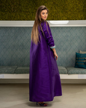 PURPLE WRINKLED SLEEVES KAFTAN WITH HAND AND NECK EMBROIDERY