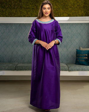 PURPLE WRINKLED SLEEVES KAFTAN WITH HAND AND NECK EMBROIDERY
