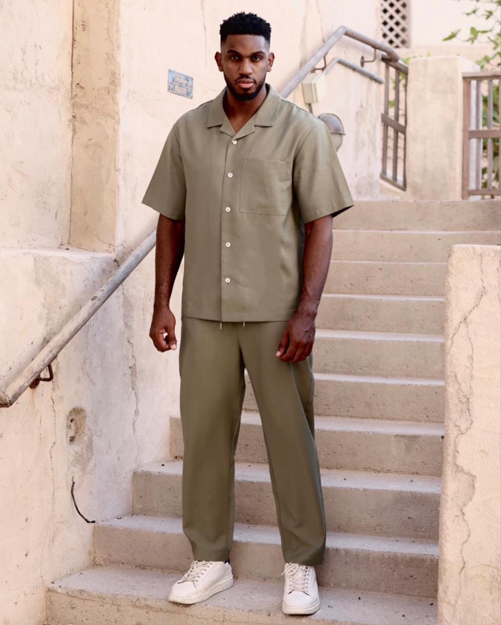 Men Lounge Wear Set Beige Shirt Pants BEYOU Boutique Dubai