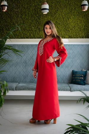 FULL NECK CRYSTALS RED DRESS