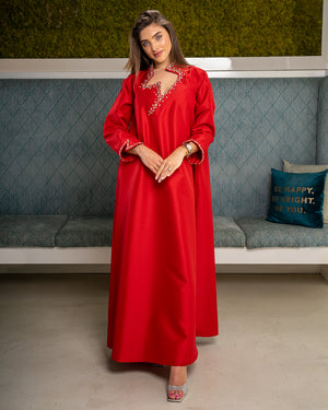 CRYSTAL SLEEVES AND NECK RED DRESS