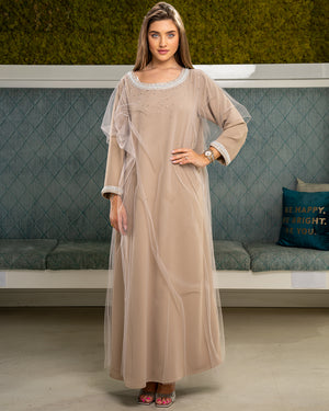 BEIGE KAFTAN WITH HAND AND NECK EMBROIDERY W/TULLE