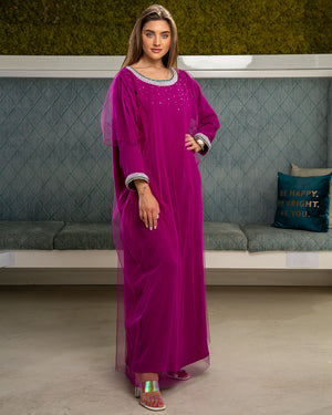 ORCHID PURPLEKAFTAN WITH HAND AND NECK EMBROIDERY W/TULLE
