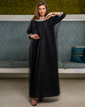 BLACK KAFTAN WITH HAND AND NECK EMBROIDERY W/TULLE