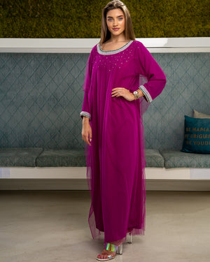 ORCHID PURPLEKAFTAN WITH HAND AND NECK EMBROIDERY W/TULLE
